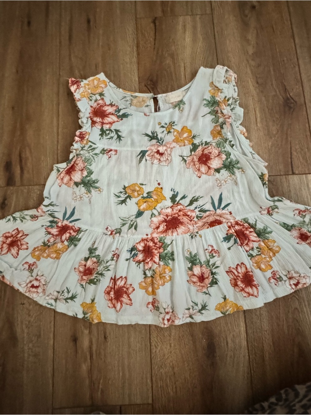 Altar’d State Floral Ruffle Tank Top in White with Rust & Mustard Blooms M